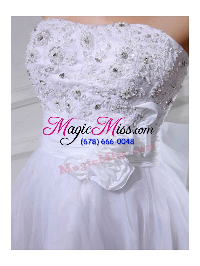 wholesale a line strapless tulle appliques hand made flower white wedding dress