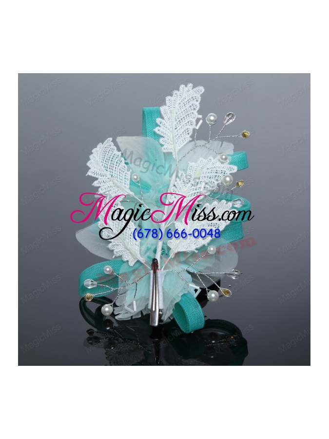 wholesale luxurious blue lace hair flower with imitation pearls