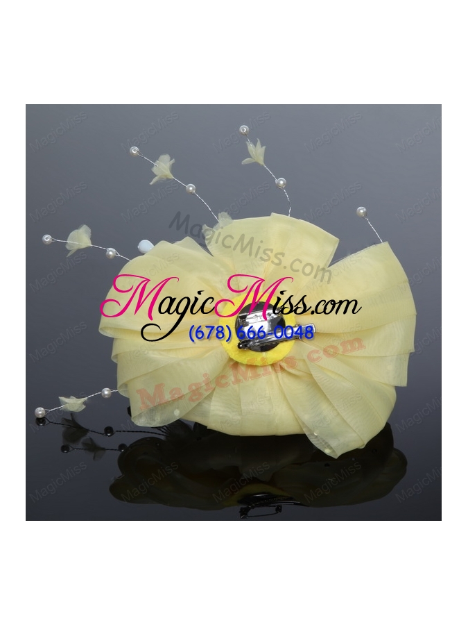 wholesale 2015 yellow tulle imitation pearls hair flower