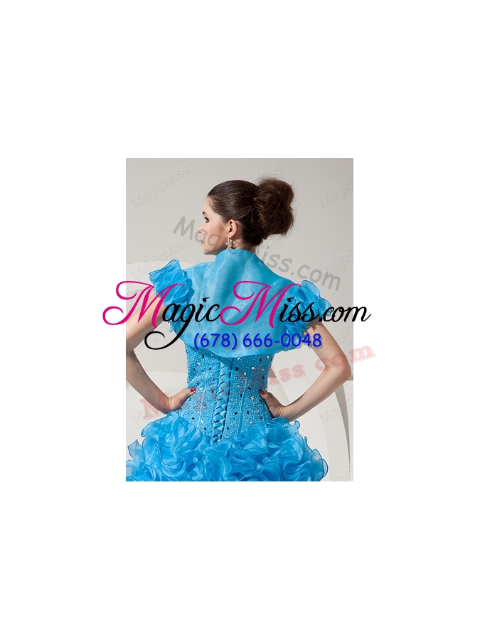 wholesale modest open front and ruffles quinceanera jacket in baby blue for 2015