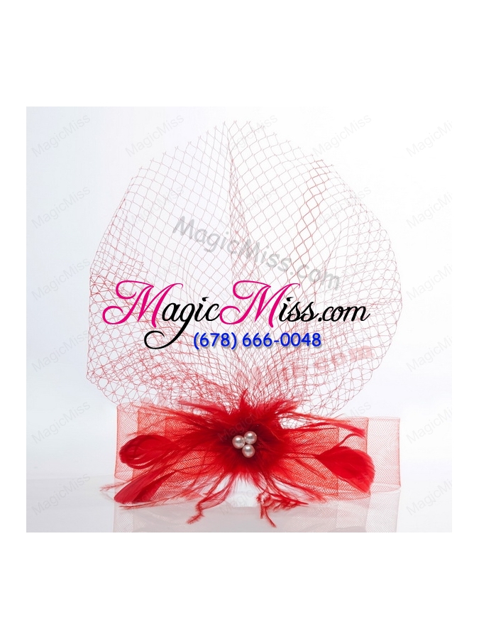 wholesale romantic red feather net yarn briadl hat with imitation pearls