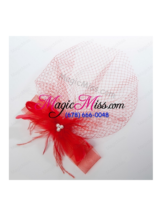 wholesale romantic red feather net yarn briadl hat with imitation pearls