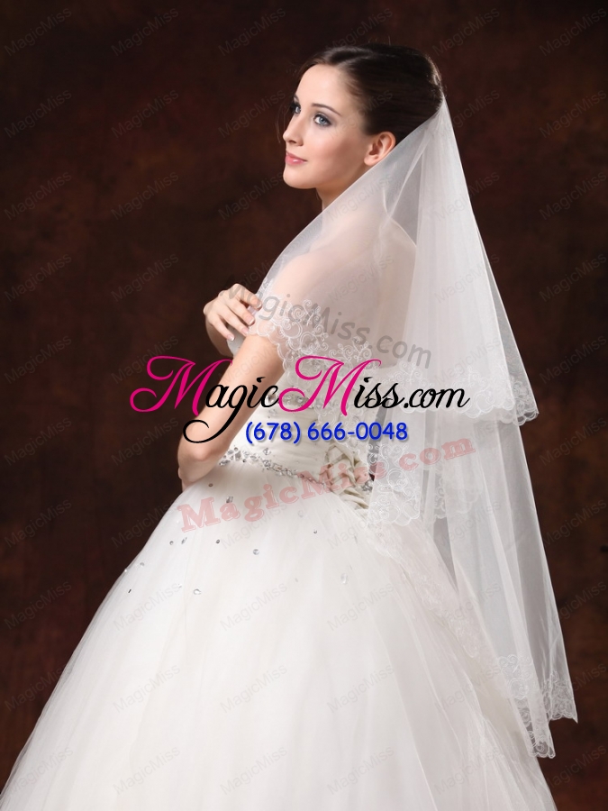 wholesale white lace appliques and two-tier organza veil for modest wedding