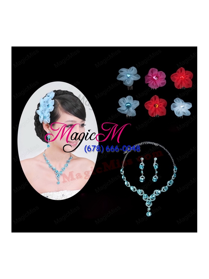 wholesale blue crystal round shaped jewelry set including necklace and headflower