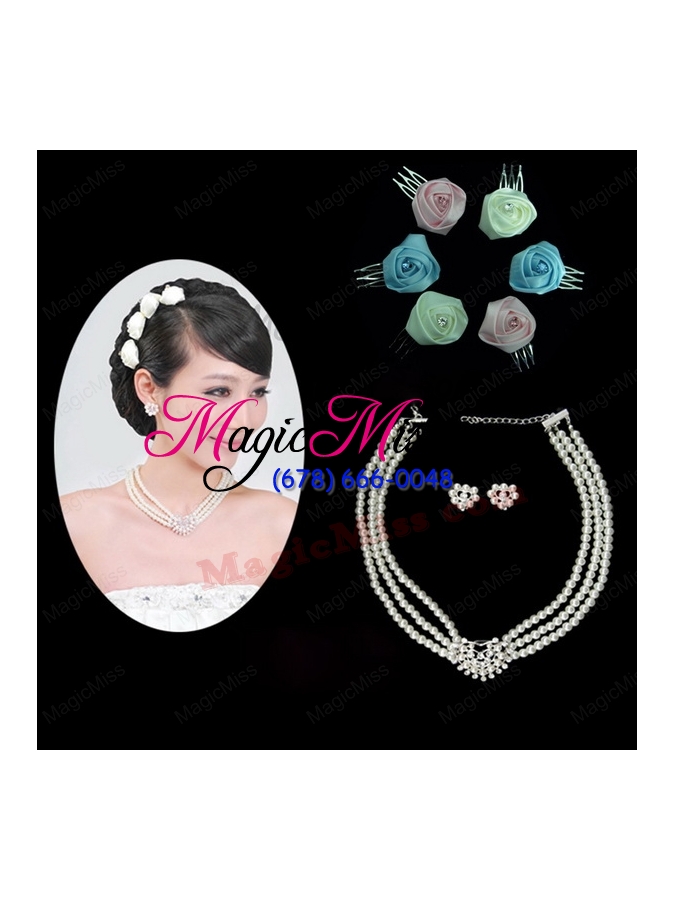 wholesale vintage style pearl with rhinestons necklace earring and headpiece set