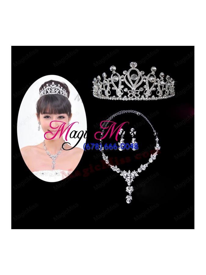 wholesale shining rhinestones alloy plated wedding jewelry set including necklace and tiara