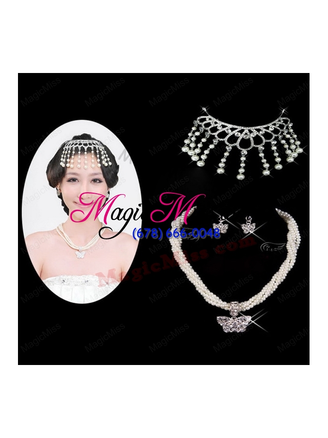 wholesale vintage style pearl with rhinestons necklace and earring set