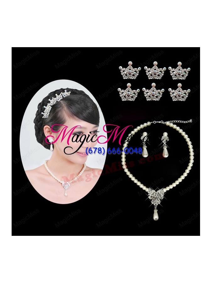 wholesale gorgeous alloy with rhinestone pearls jewelry set including necklace earrings and tiara