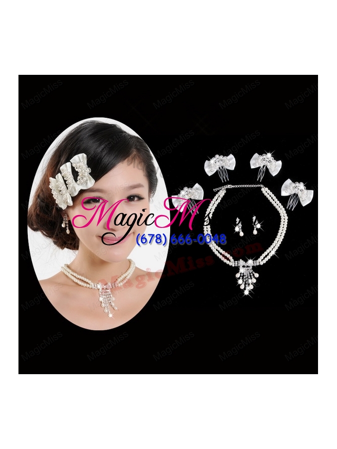 wholesale amazing alloy with peals wedding jewelry set including necklace earrings and headpiece