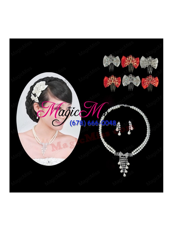 wholesale amazing alloy with peals wedding jewelry set including necklace earrings and headpiece