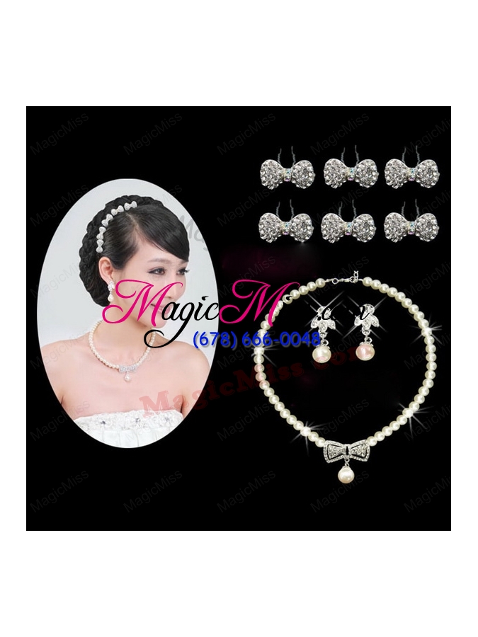 wholesale beautiful alloy with pearls wedding jewelry set including necklace earrings and headpiece
