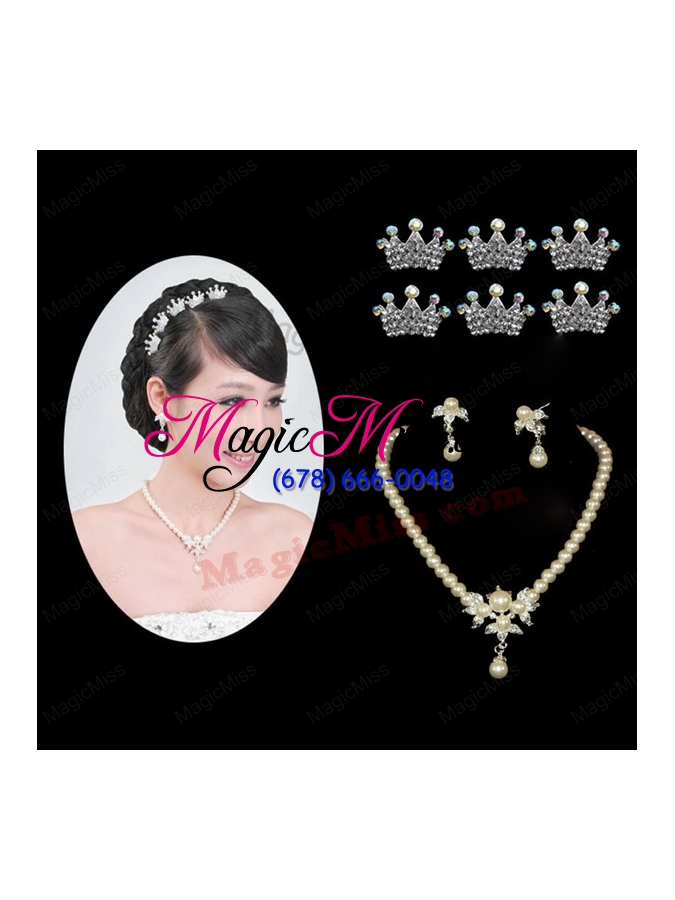 wholesale elegant alloy with pearl wedding jewelry set including necklace earrings and headpiece