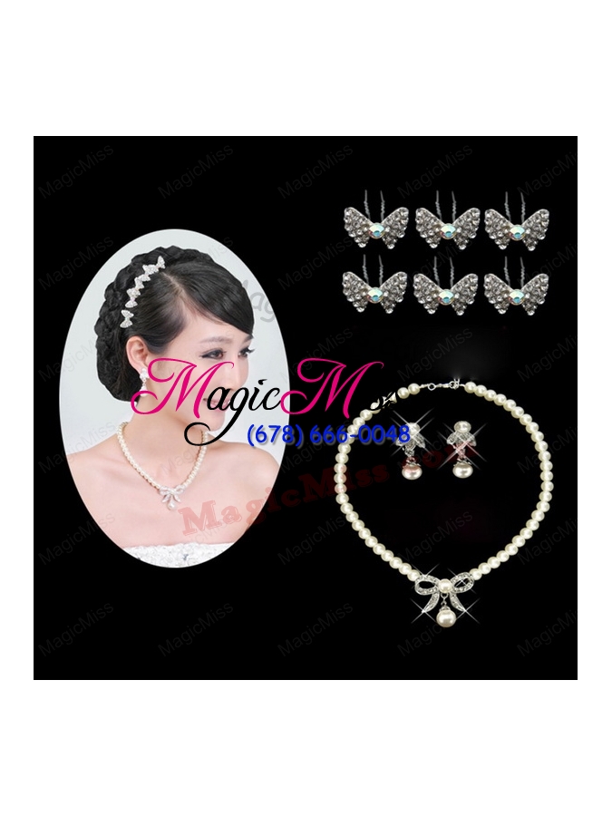 wholesale beautiful alloy with peals wedding jewelry set including necklace earrings and headpiece