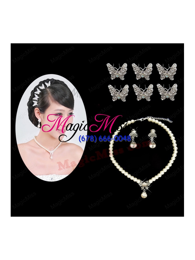 wholesale fashionable alloy withpearls wedding jewelry set including necklace earrings and headpiece