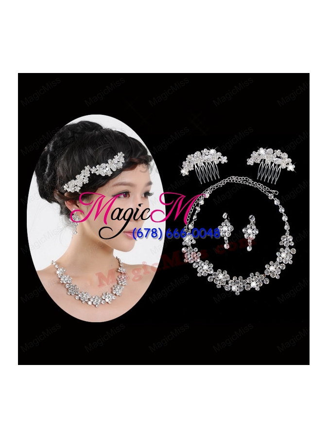 wholesale beautiful alloy with rhinestone anniversary jewelry set including necklace earrings and jewelry comb