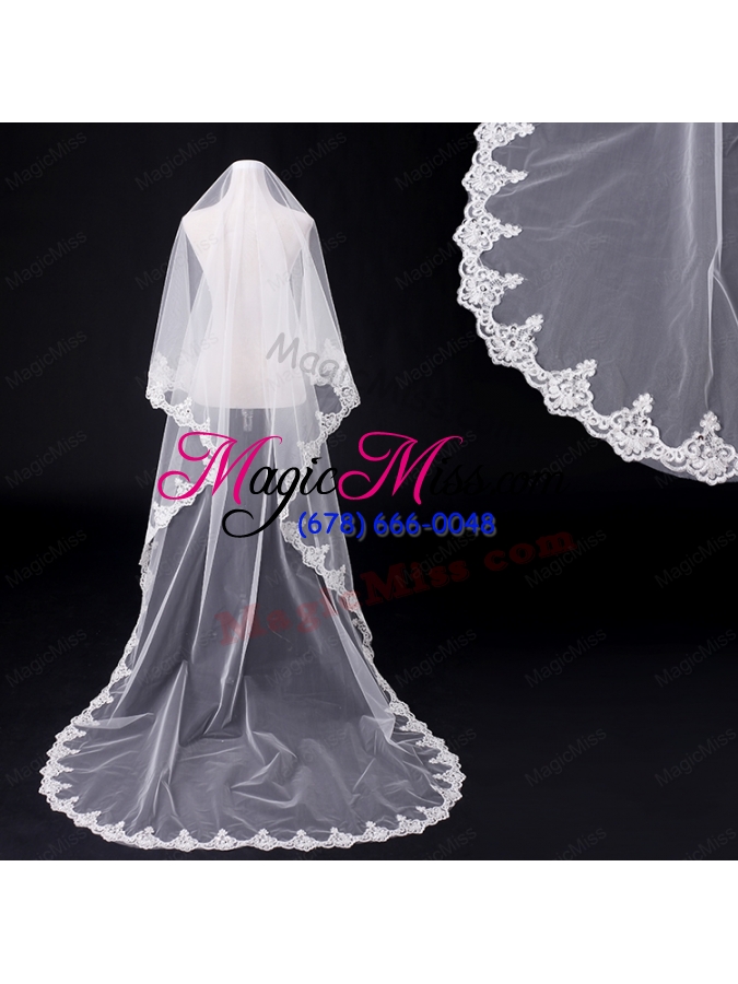 wholesale 2014 fingertip veil two-tier lace appliques edge