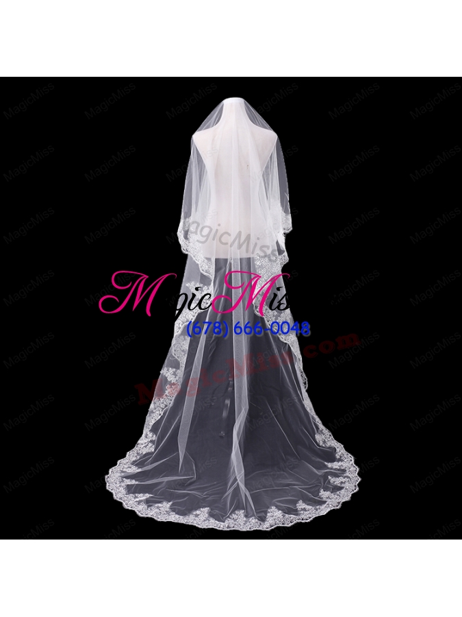 wholesale two-tier tulle white bridal veils with lace edge