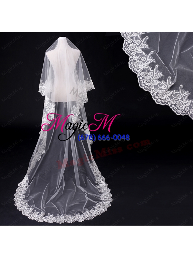 wholesale 2014 simple one-tier bridal veils with lace appliques edge