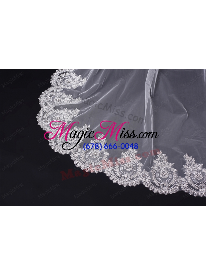 wholesale 2014 cheap two-tier white fingertip veil with lace edge
