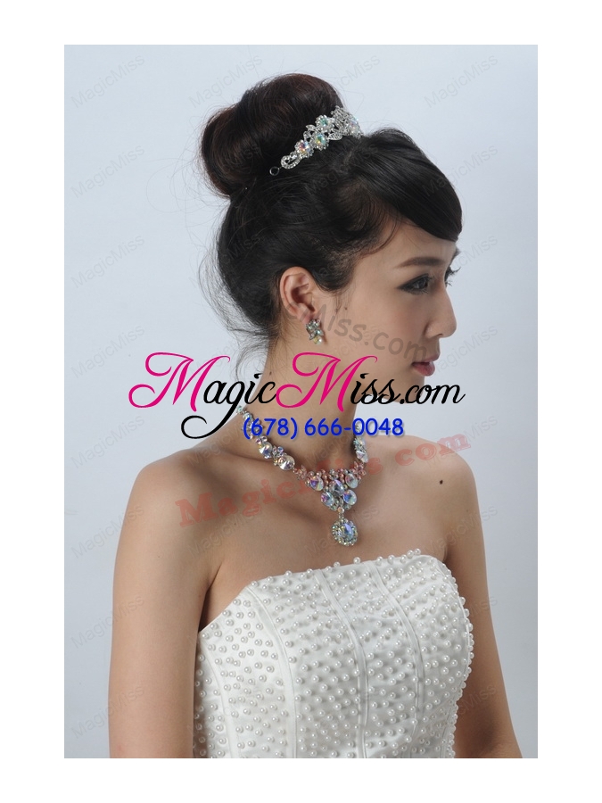 wholesale multi color crystal round shaped jewelry set including necklace,tiara