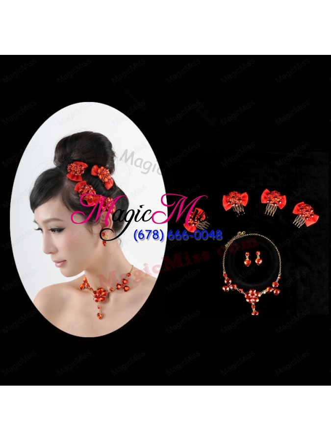 wholesale heart in heart red artistic jewelry set including necklace and headpiece