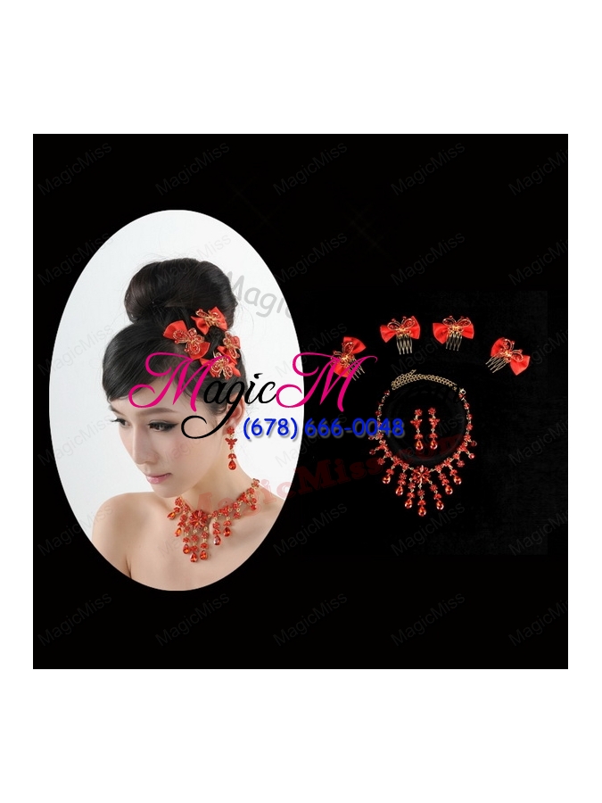 wholesale exquisite red intensive jewelry set necklace and head bowknot