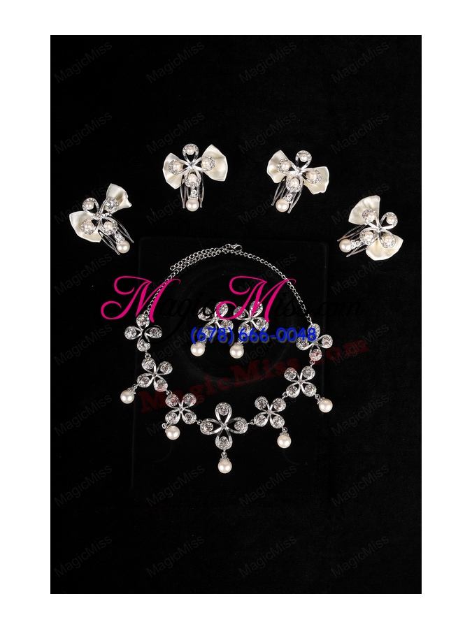 wholesale bowknot pearl and rhinestone necklace earring jewelry set