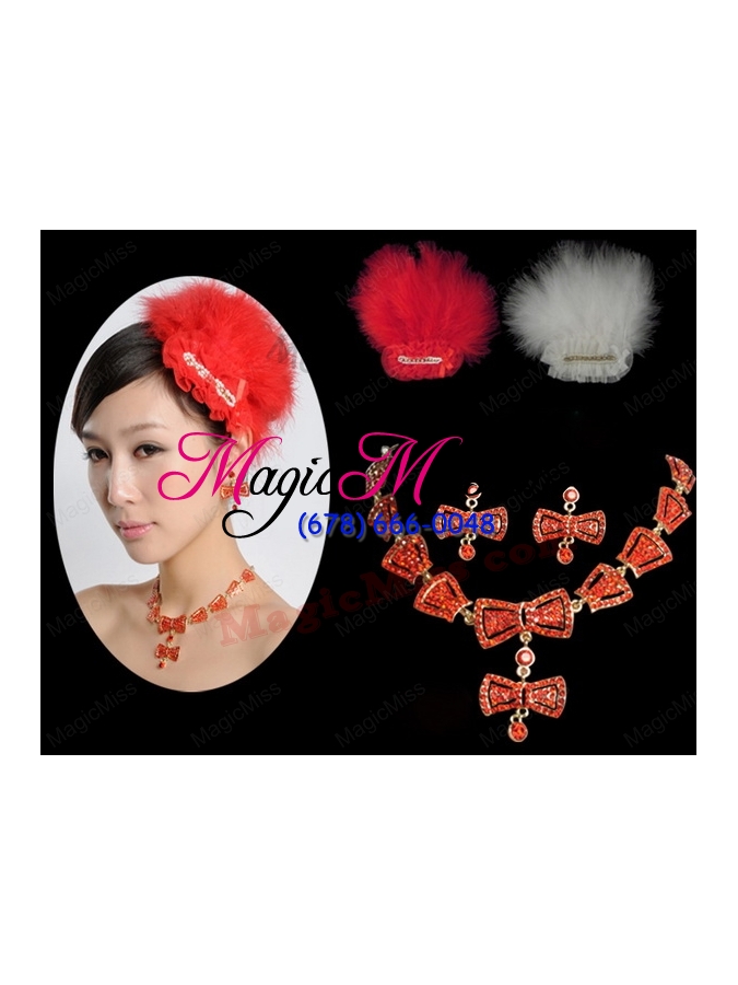 wholesale red luxurious rhinestone ladies' jewelry set including necklace and headpiece