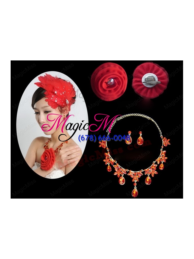 wholesale red crystals alloy plated necklace and earrings jewelry set