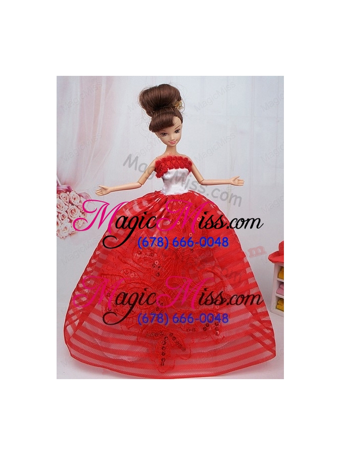 wholesale hand made flowers red ball gown party clothes barbie doll dress