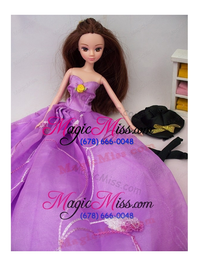 wholesale hand made flower embroidery lavender princess party clothes gown for barbie doll dress