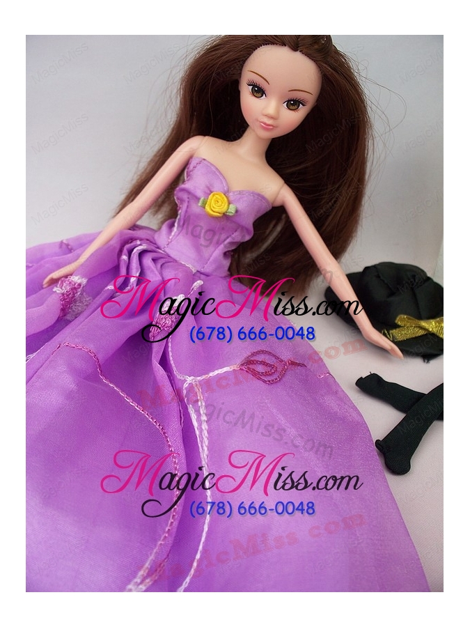 wholesale hand made flower embroidery lavender princess party clothes gown for barbie doll dress