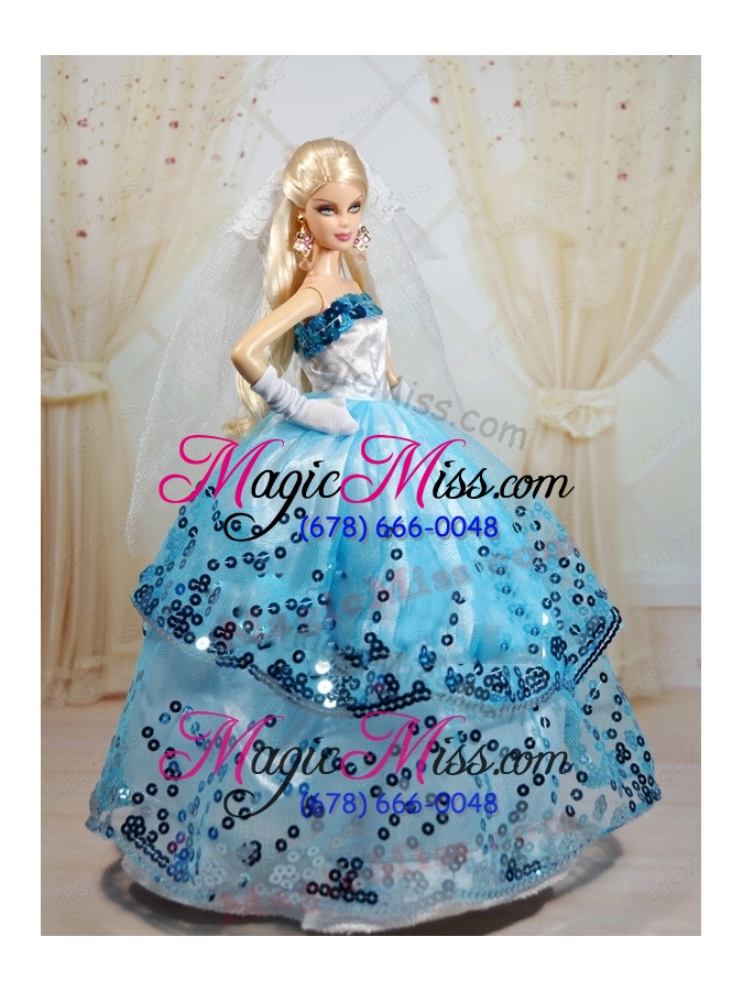 wholesale popular ball gown party clothes white and blue barbie doll dress