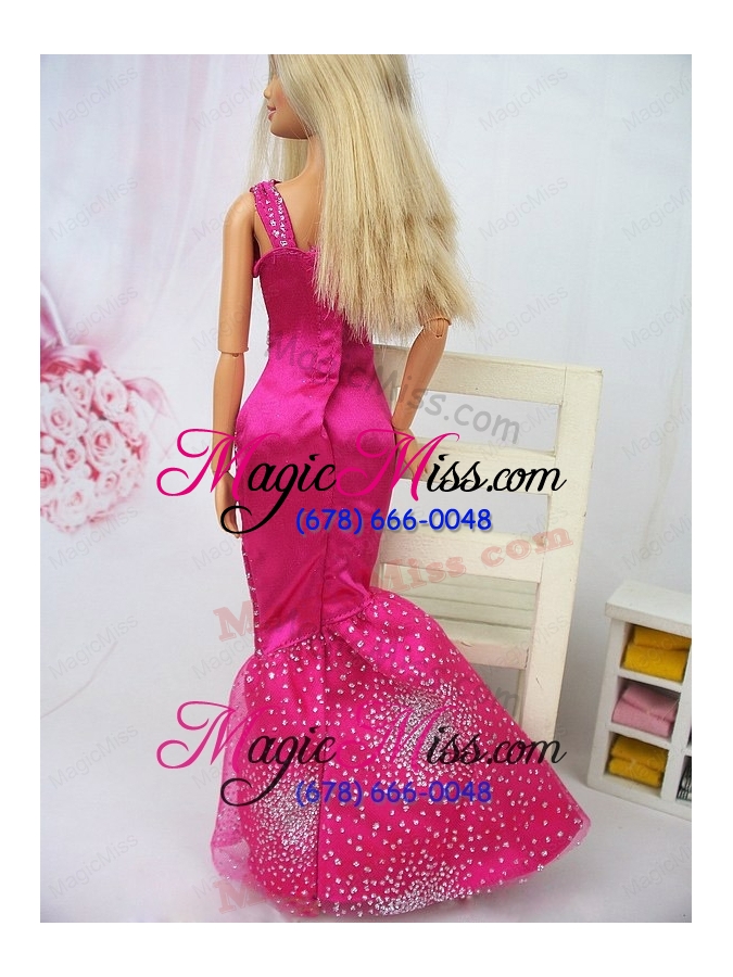 wholesale luxurious mermaid asymmetrical hot pink beaded over skirt party clothes fashion dress for noble barbie