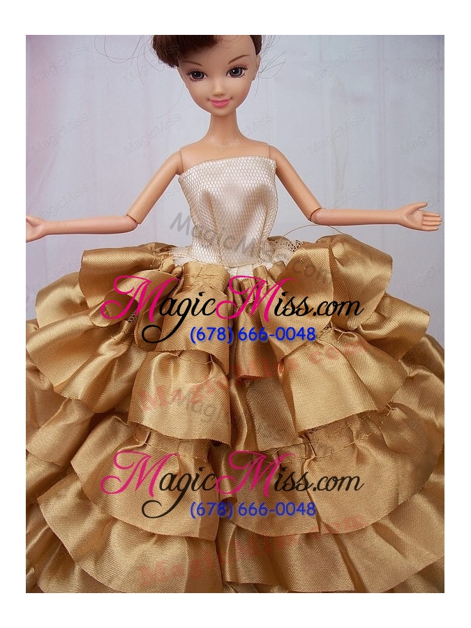 wholesale luxurious ball gown asymmetrical gold ruffled layeres clothes party fashion dress for noble barbie