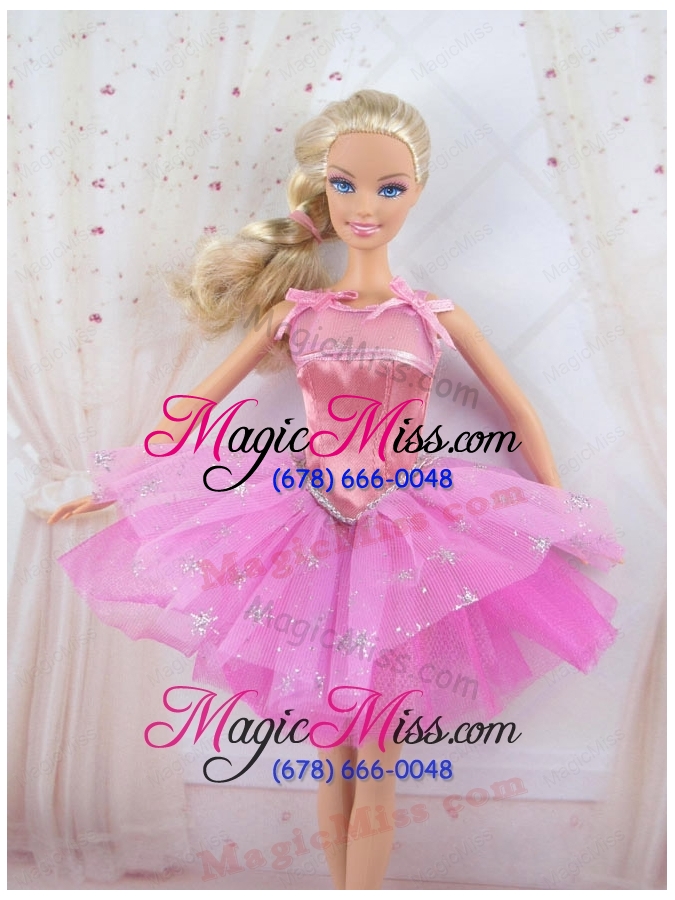 wholesale cute rose pink straps beaded decorate party dress for barbie doll