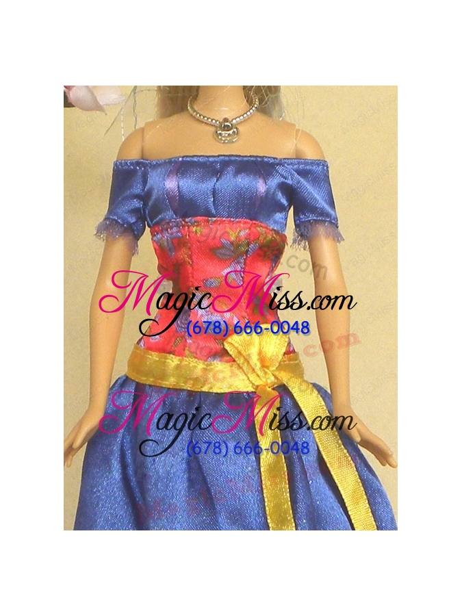 wholesale elegant blue off the shoulder appliques handmade party clothes fashion dress for noble barbie
