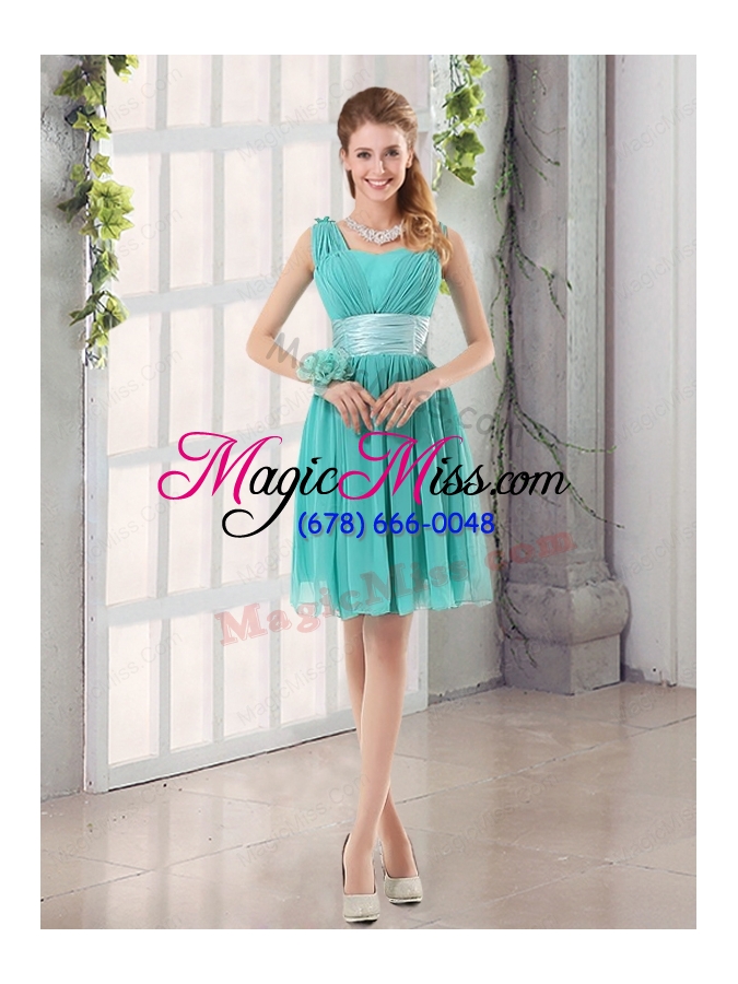 wholesale 2015 a line ruching lace up bridesmaid dress in aqua blue