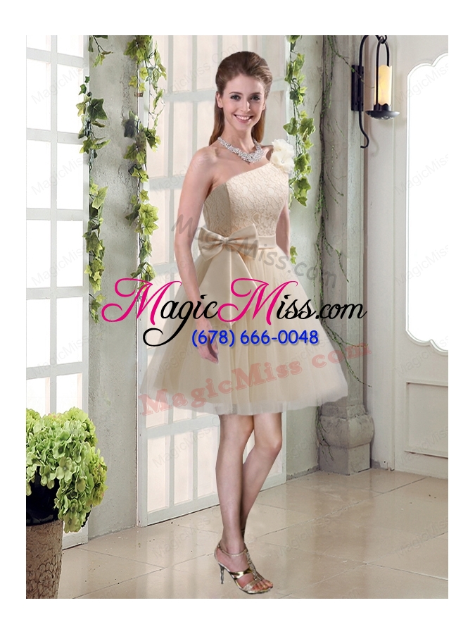 wholesale 2015 princess one shoulder bowknot lace bridesmaid dresses in champagne 75.68