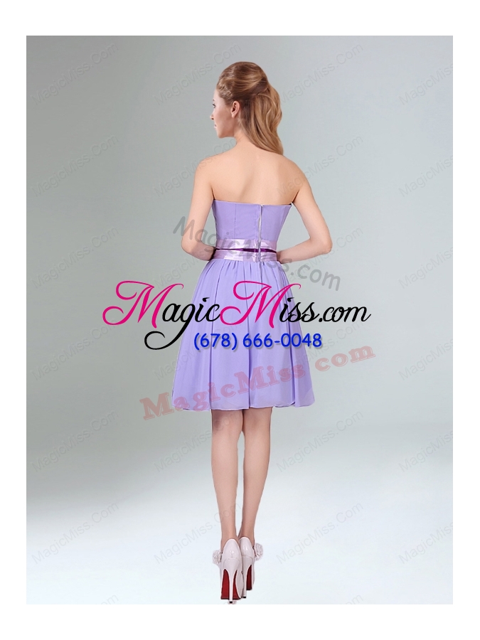 wholesale decent lavender ruched mini length bridesmaid dress with bowknot sash