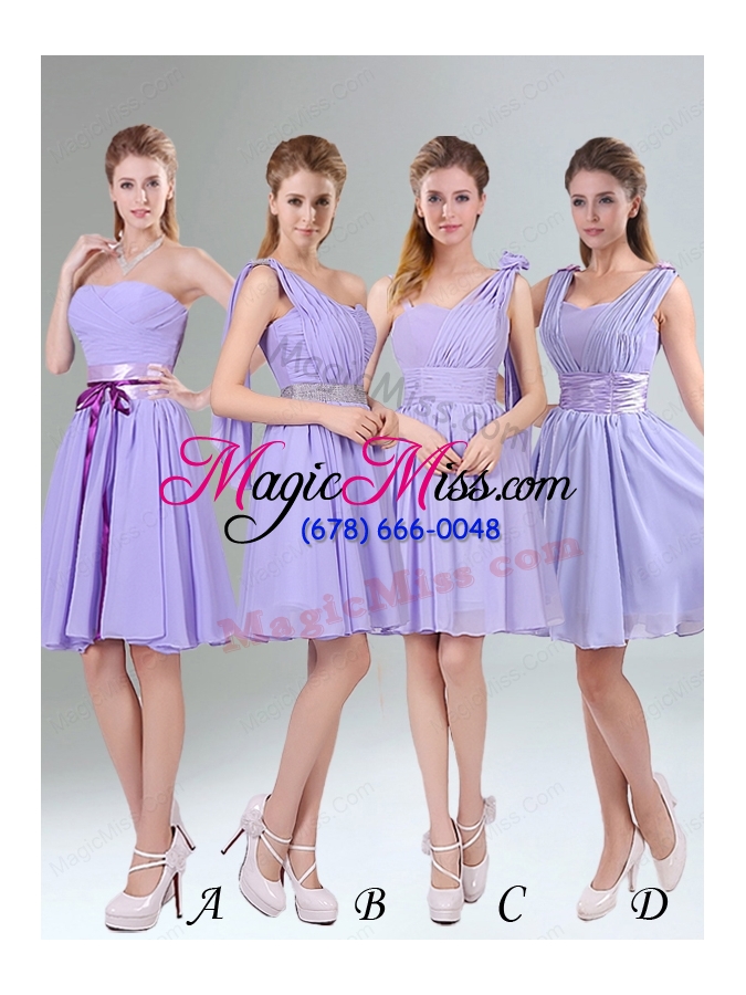 wholesale gorgeous mini length lavender bridesmaid dress with ruching and handmade flower