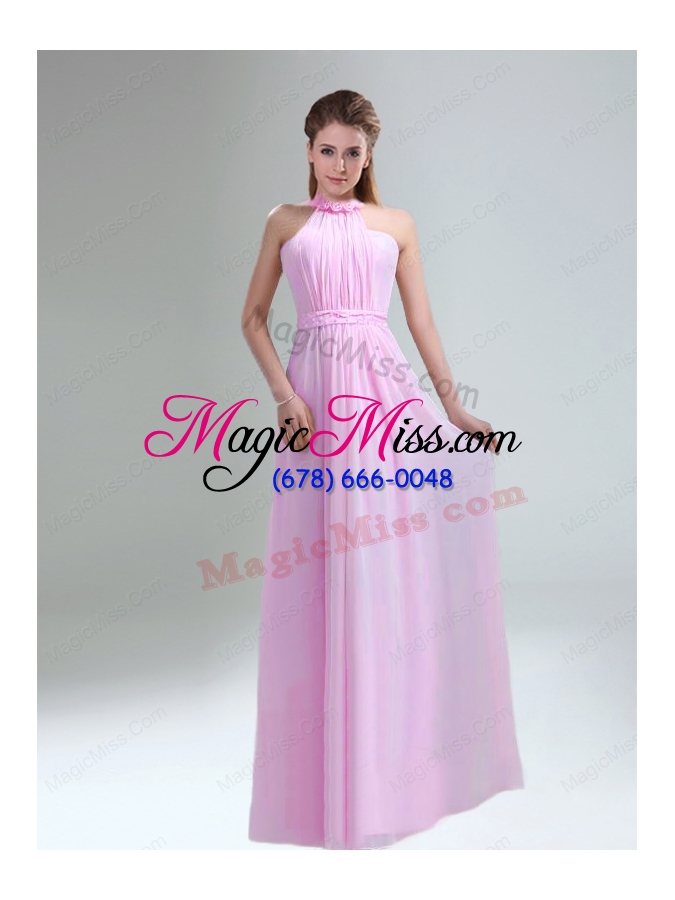wholesale romantic 2015 high neck chiffon light pink bridesmaid dress