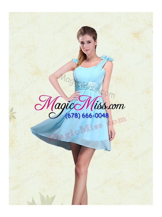 wholesale 2015 ruching chiffon aqua blue bridesmaid dresses with mini length