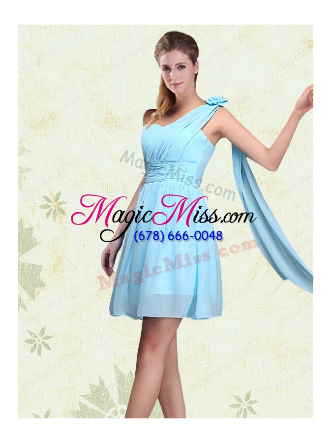 wholesale 2015 ruching chiffon aqua blue bridesmaid dresses with mini length