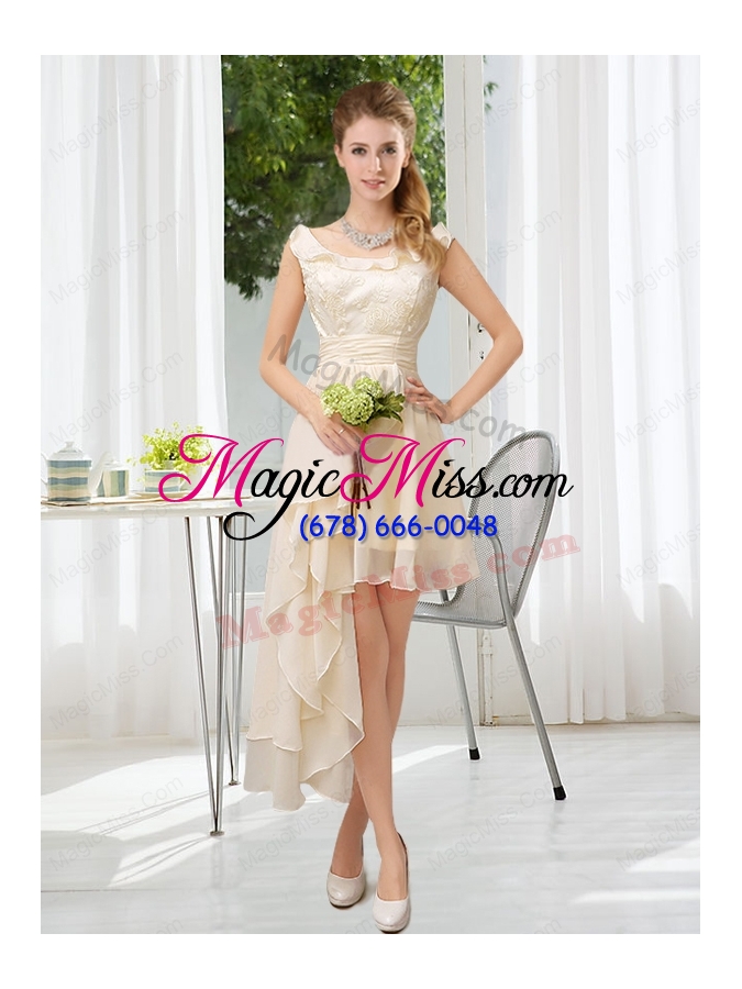 wholesale champagne chiffon lace up bridesmaid dress for 2015