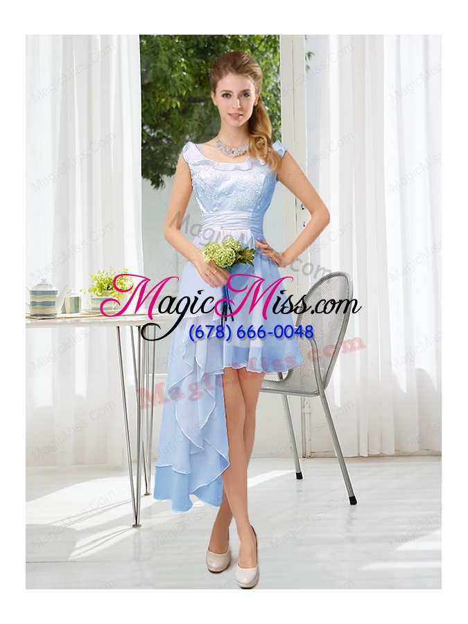 wholesale scoop lace high low short sleeves bridesmaid dress
