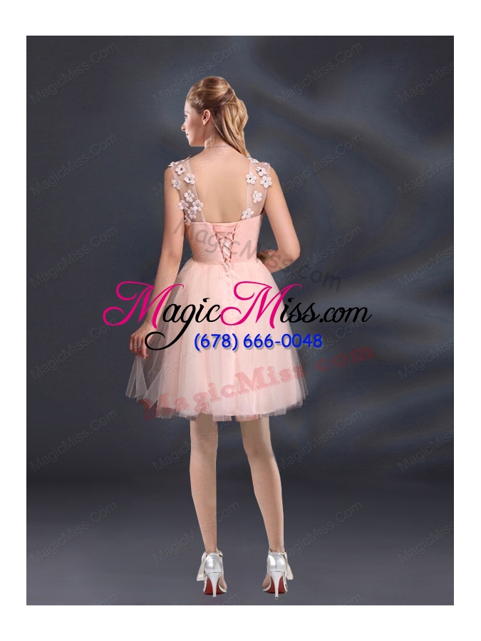 wholesale straps appliques bridesmaid dresses in baby pink