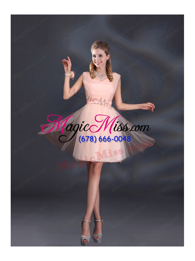 wholesale 2015 sweet belt mini length bridesmaid dresses with v neck