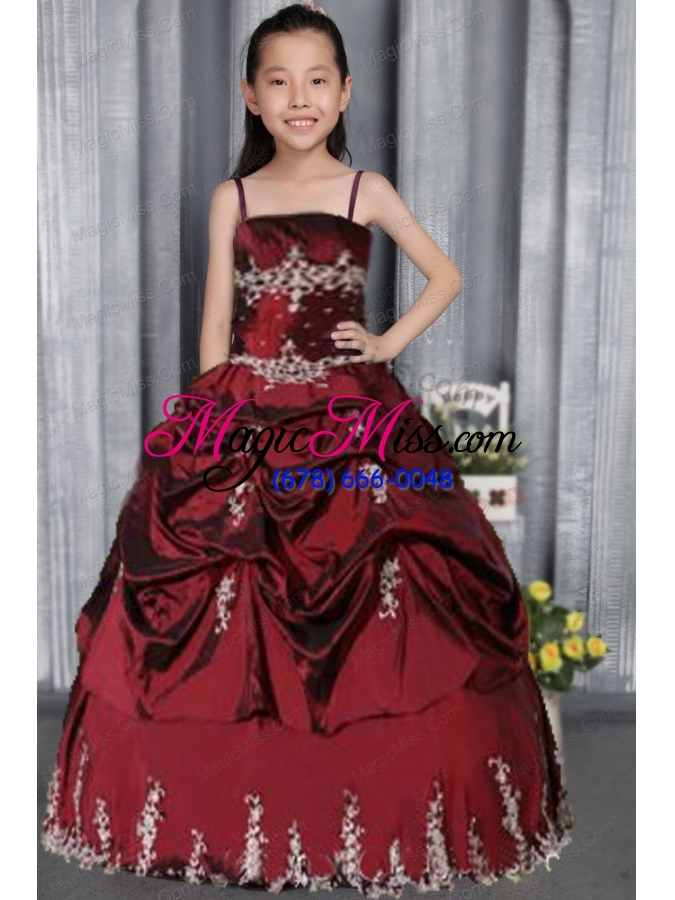 wholesale spaghetti straps appliques and pick-ups little girl pageant dress in burgundy
