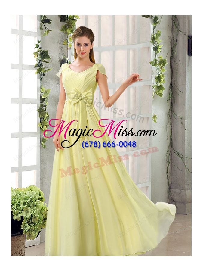 wholesale scoop ruching cap sleeves chiffon bridesmaid dresses in champagne